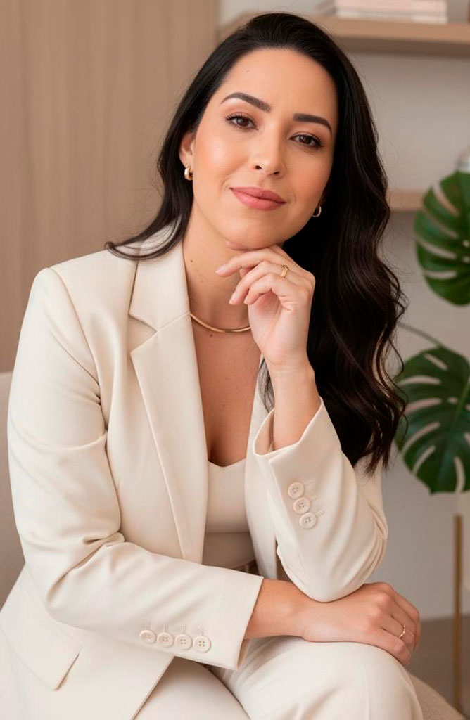 Gabriela Paixão, psicóloga, sentada em seu consultório